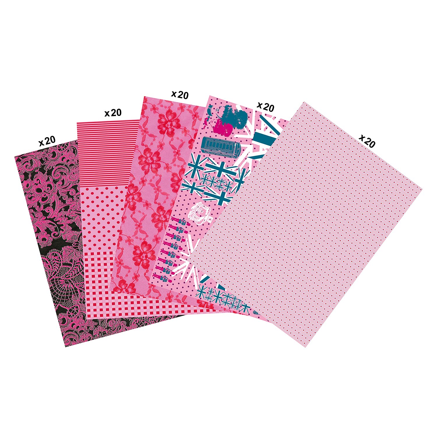 Décopatch - Ref MP009C - Pack of 100 Sheets of Décopatch Paper - Each Sheet is 30 x 40cm, 5 Designs Included (20 sheets of each) - Suitable for Wood, Metal, Plastic & More - Pink