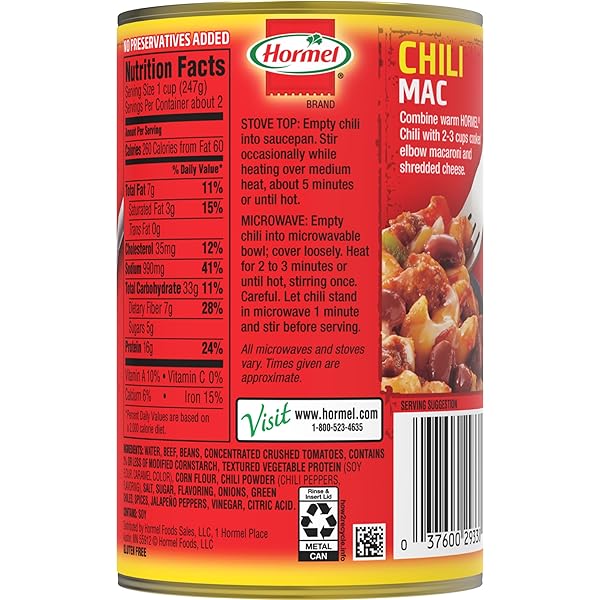HORMEL CHILI CHUNKY BEEF CHILI WITH BEANS, NO ARTIFICIAL INGREDIENTS, 15 OZ