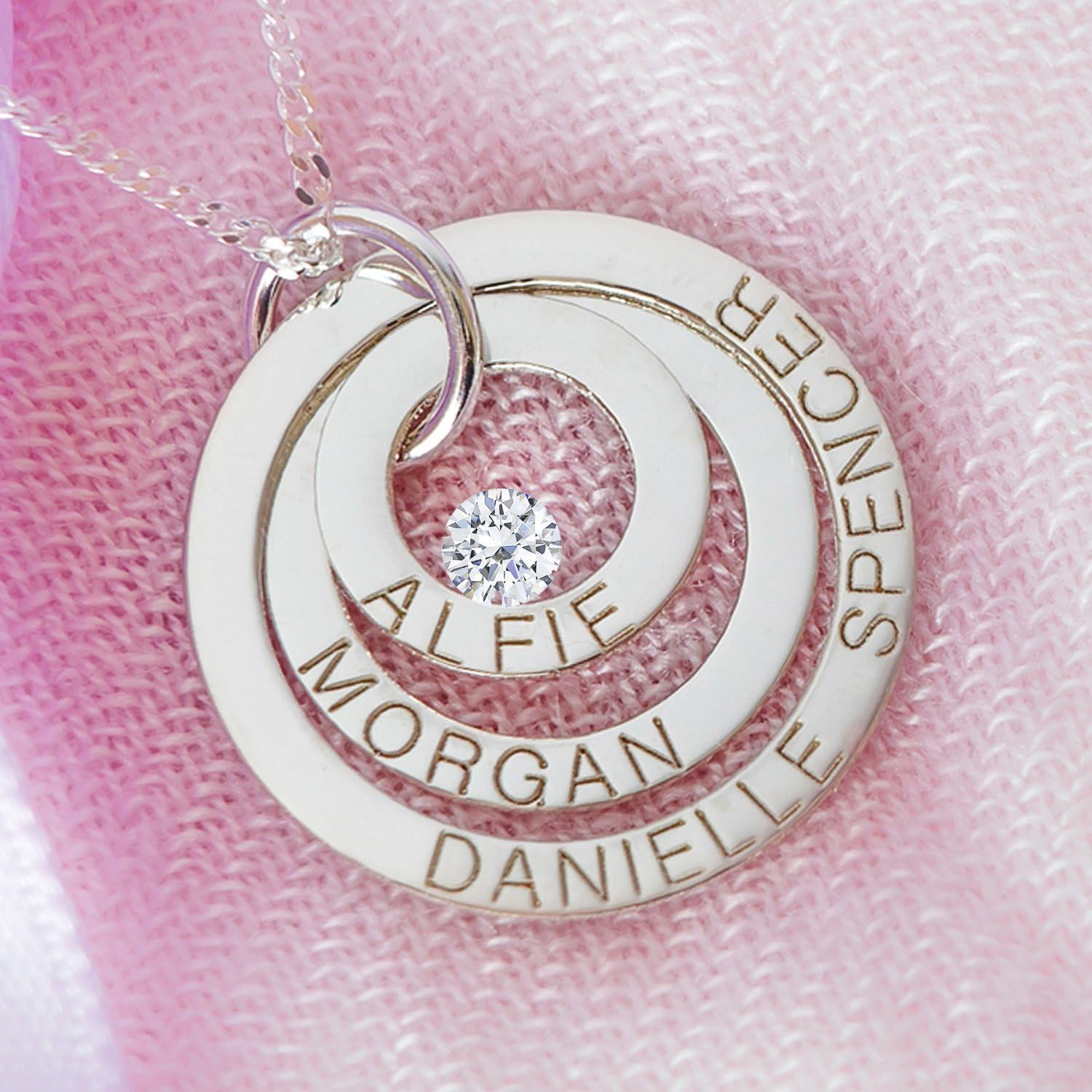 Solid 9ct White Gold Personalised Three Disc Pendant Necklace With Crystal and Optional Chain In Gift Box