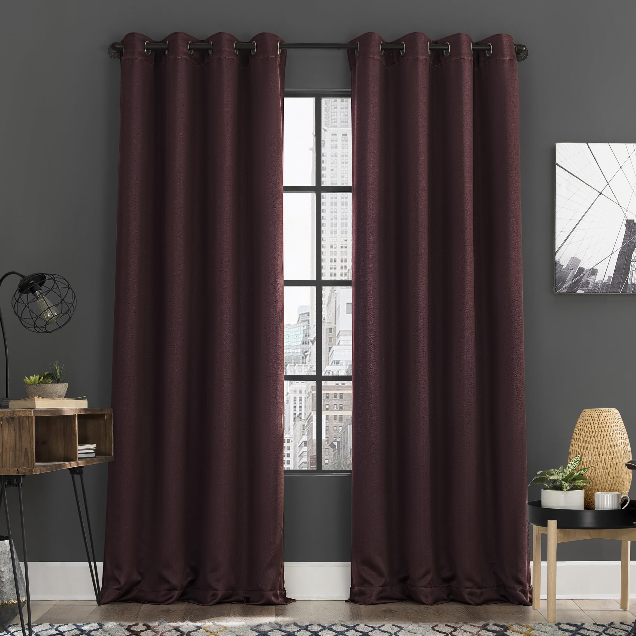 Sun Zero Soho 2-Pack Energy Saving Noise Reducing Blackout Grommet Curtain Panel Pair, Merlot Red, 54" W x 63" L (2 Panels) Image Sun Zero Soho 2-Pack Energy Saving Noise Reducing Blackout Grommet Curtain Panel Pair, Merlot Red, 54" W x 63" L (2 Panels) Image