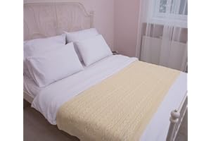 SAOL Knitwear Bed Scarf Runner Irish Chunky Cable Knit Throw Cover Made of Soft Wool Blend (Natural, King Bed)