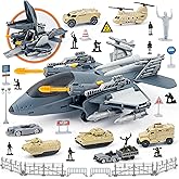 Military Fighter Jet Toys, Army Airplane Toys with 7 Vehicles Trucks Helicopter Army Men, Decorate & Launch The Missile, Birt