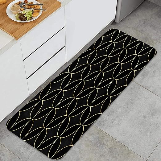 Wdoci Washable Kitchen Floor Rug black velvet luxury overlapping circles seamless Nonslip