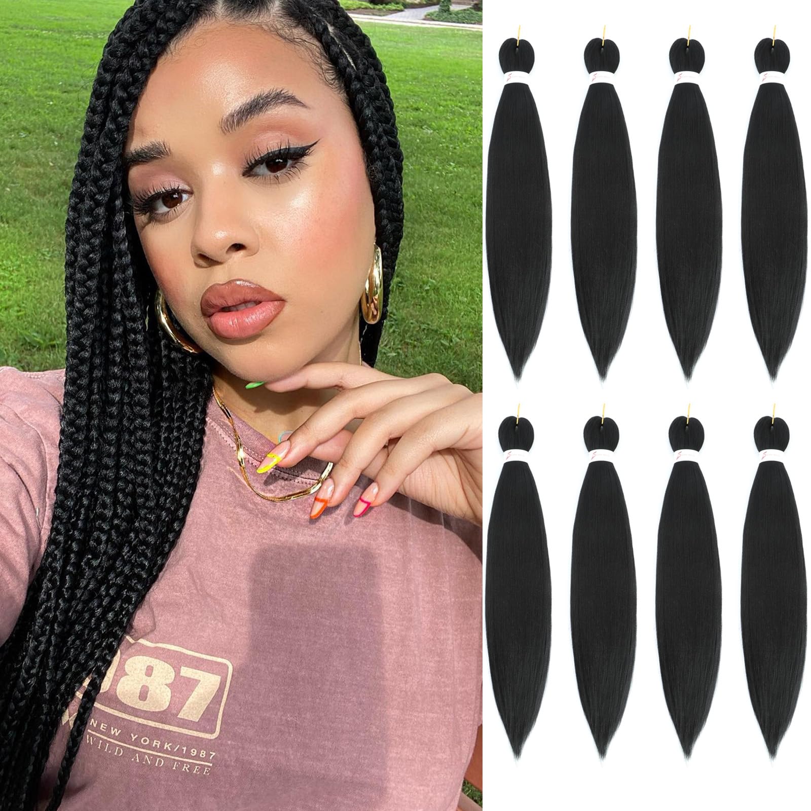 Easy Braid Pre stretched Braiding Hair Extensions 30 Inch 8 Packs Braiding Hair Soft Yaki Texture Crochet Synthetic Hair for Woman Hot Water Setting Crochet Braiding Hair Extensions (1B#) — image 1