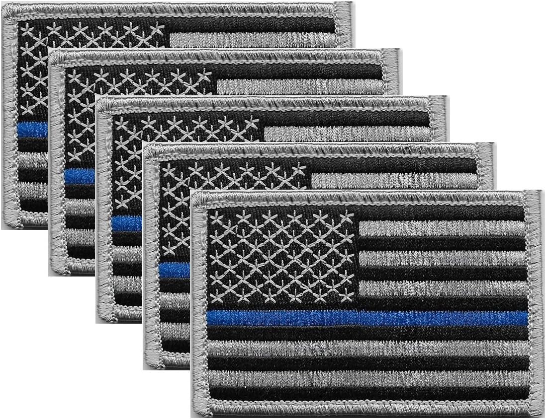 US Flag Thin Blue Line Patch for Police and Law Enforcement with Hook/Loop Backing (5-Pack)