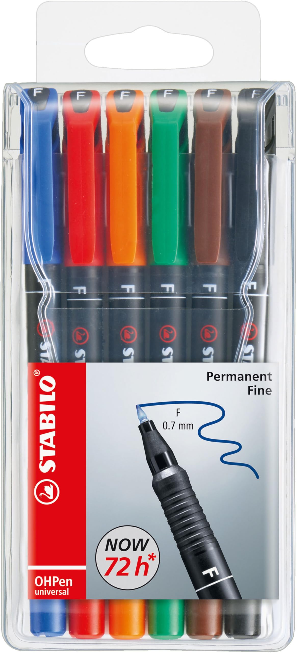 STABILO OHPen Universal Permanent 6 Pack Bullet Tip Black, Blue, Brown, Green, Red - Permanent Markers (6 Pack, Black, Blue, Brown, Green, Red, Bullet Tip, Multicolour, Fine 0.7 mm)
