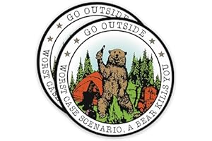 BLISS MONKEY CO. (2 Pack) Go Outside Worst Case Scenario, A Bear Kills You Bumper Stickers - Funny Outdoorsman Hiking Camping Nature Hiker - 4 Inches - Premium Vinyl Sticker - Made in USA