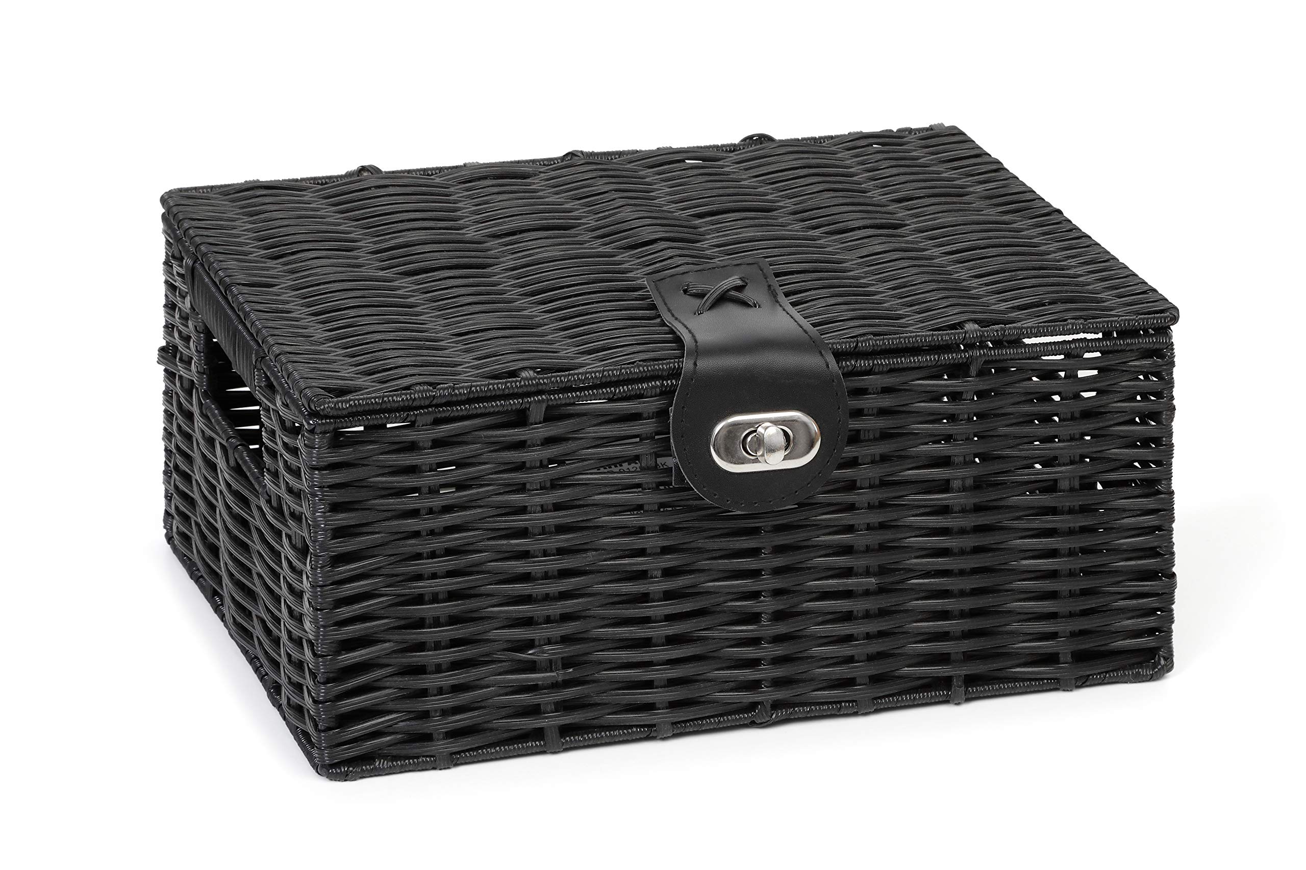 Arpan Small Resin Woven Storage Basket Box With Lid & Lock - Black