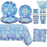 Winter Snowflake Party Decoration Include Plates Tablecloth Napkins Cups Straws, Tableware Set for Snowflake Winter Wonderland Party Baby Shower (20)