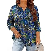 TFSDOD Plus Size Tops for Women V Neck T Shirt 3/4 Length Sleeve Blouse Dressy Casual Tee Loose Fit XL-5X