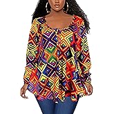Afibi Women's Long Sleeve Henley T Shirts Button Down Loose Fit Tops Scoop Neck African Dashiki Shirts