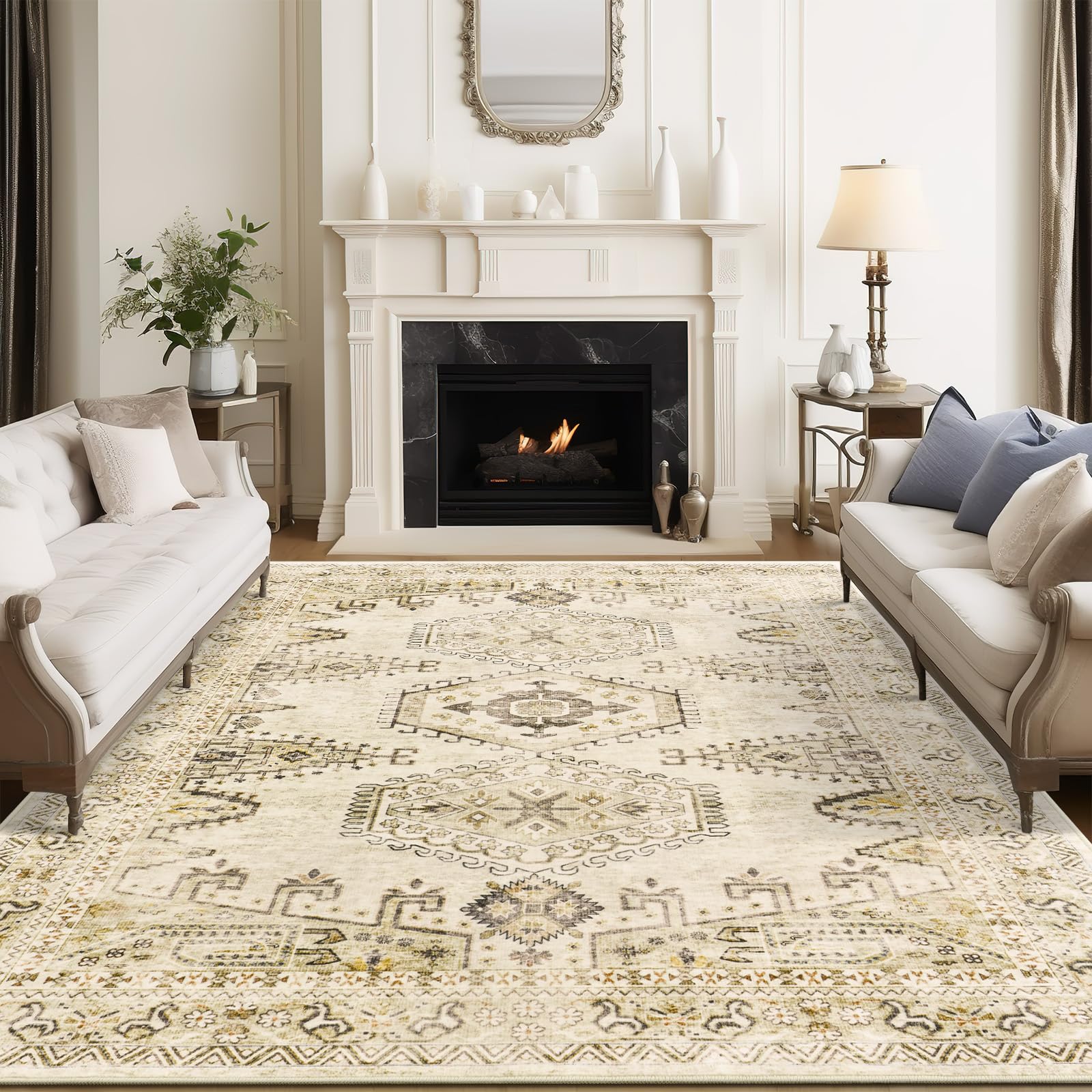 8x10 Area Rugs for Living Rooms, Stain Resistant Neutral Non-Slip Low Pile Carpet Machine Washable Rugs for Bedroom, Farmhouse, Office, Dining Room (Ivory)
