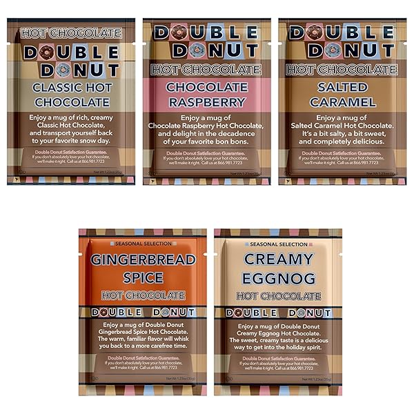 DOUBLE DONUT FLAVORED HOT CHOCOLATE PACKETS VARIETY PACK,18 COUNT INCLUDES CLASSIC, CHOCOLATE RASPBERRY, SALTED CARAMEL & PEPPERMINT