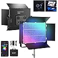 NEEWER 150W RGB LED Panel Video Light Kit with Barn Doors, 1800 LEDs 42500Lux/0.5m 2500K-10000K CRI96+/TLCI97+ 0-100% Dimming, APP/2.4G/Panel/DMX Control for Pro Studio Gaming Lighting, AP150C