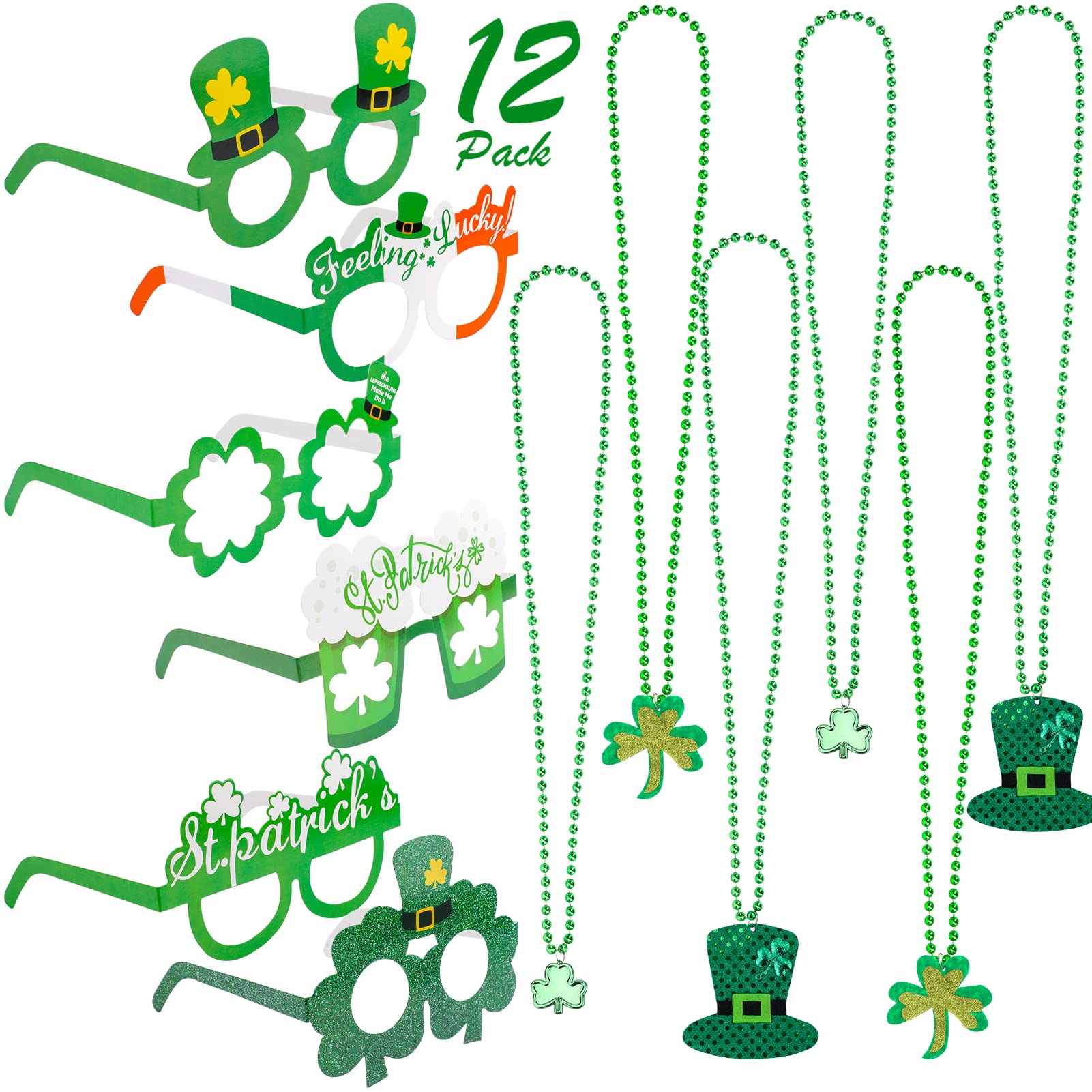 Qpout 12-Piece St. Patrick’s Day Accessories Set, 6pcs Shamrock Hat Necklaces, 6pcs St. Patrick’s Day Paper Eyeglasses Frames, for Kids, Women, Men, Party Favor, Costume Decoration
