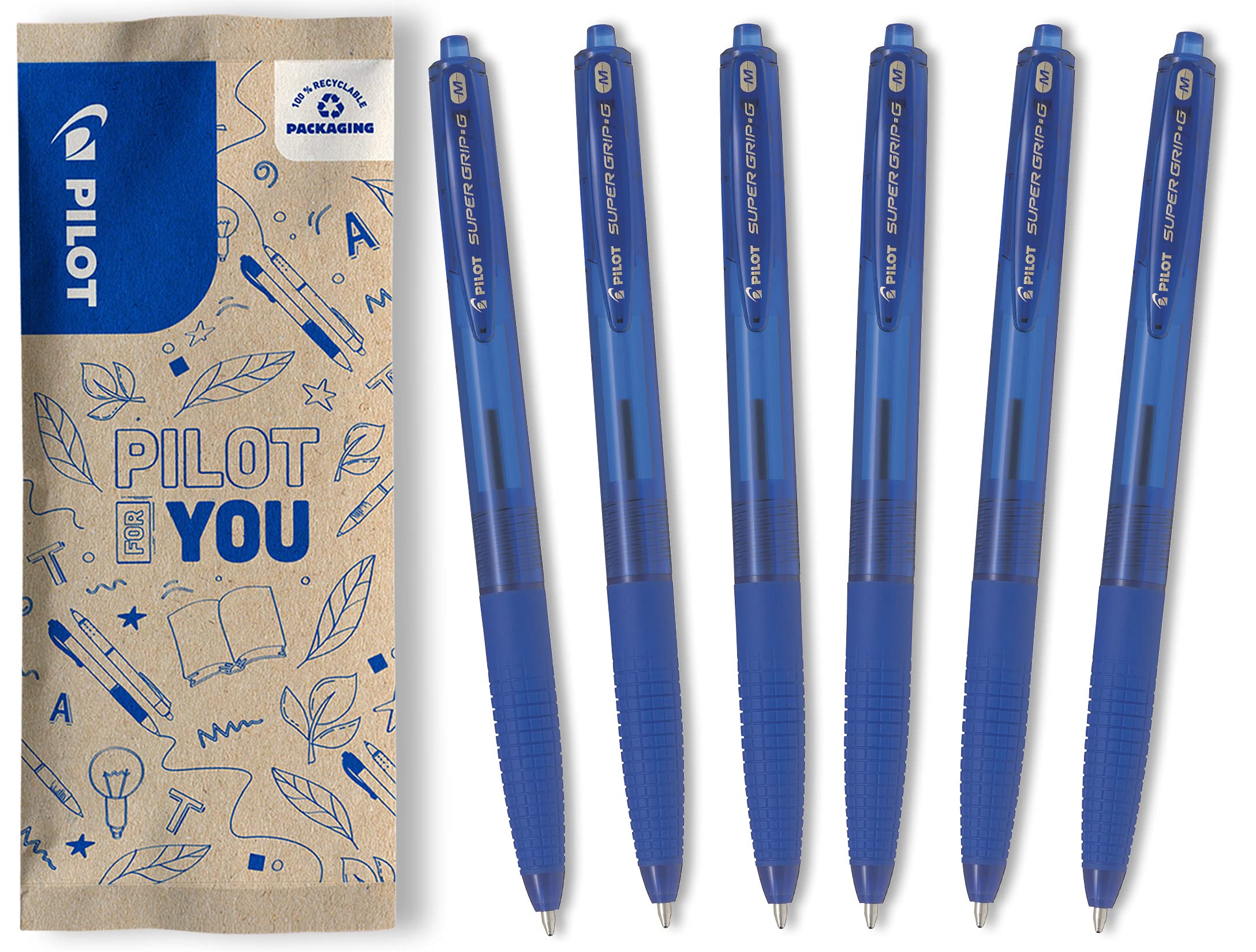 PILOT Super Grip G Retractable Ballpoint Pens Set of 6 in M (Blue)