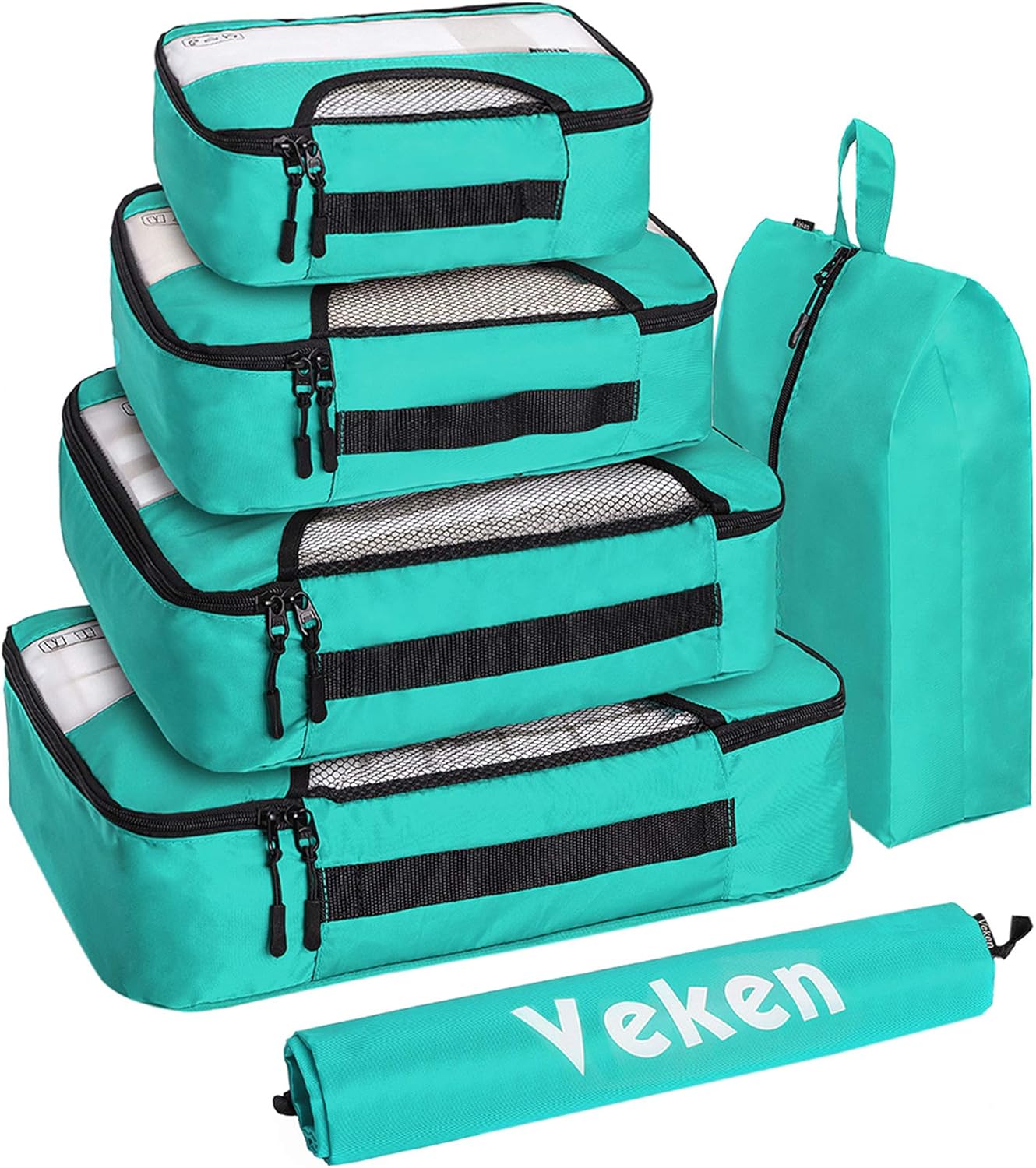  | Veken 6 Set Packing Cubes, Travel Luggage Organizers with Laundry Bag & Shoe Bag (Teal) | Packing Organizers