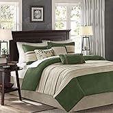 Madison Park Palmer Comforter Set-Luxury Faux Suede Design, Striped Accent, All Season Down Alternative Bedding, Matching Shams, Decorative Pillow, Bed Skirt, Queen (90 in x 90 in), Green 7 Piece