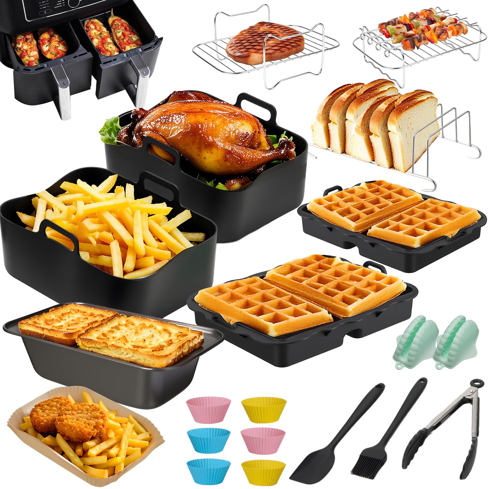 Ninja Heißluftfritteuse Zubehör, Airfryer Zubehör Set für Dual Zone Heißluftfritteuse Ninja AF400EU/AF451EU 9.5L, Airfryer Silikonform Zubehör Set, Waffelbackform, Grillrost, Kastenform
