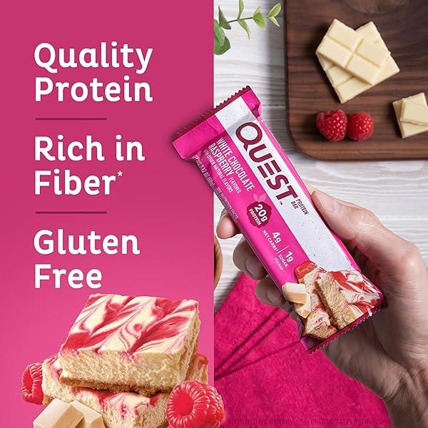 QUEST NUTRITION WHITE CHOCOLATE RASPBERRY PROTEIN BARS, 20G PROTEIN, 1G SUGAR, 5G NET CARB, HIGH FIBER, GLUTEN FREE, KETO FRIENDLY, 4 COUNT