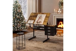 Gagawin Adjustable Drafting Table, Drawing Desk w/Stool and 3 Storage Drawers, Art Table for Artists/Architect/Art Hobbyist, Design for Sketch Painting Artistic Craft Supplies, No.4-Rustic