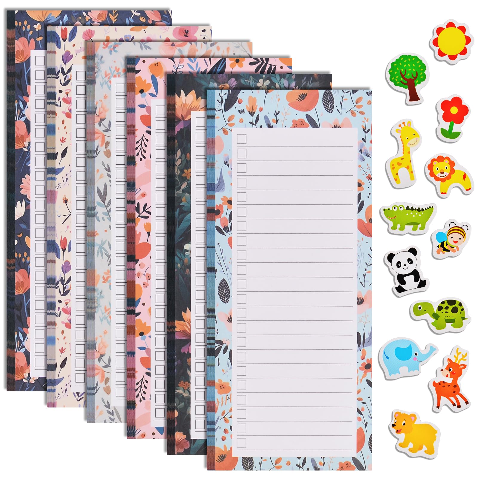 AUAUY 6 Pack Magnetic Notepads for Refrigerator, Flower Design Grocery List Magnet Pads with 12PCS Mini Refrigerator Magnets, Full Magnet Back Notepads for Shopping List, To-Do List, 50 Sheets Per Pad