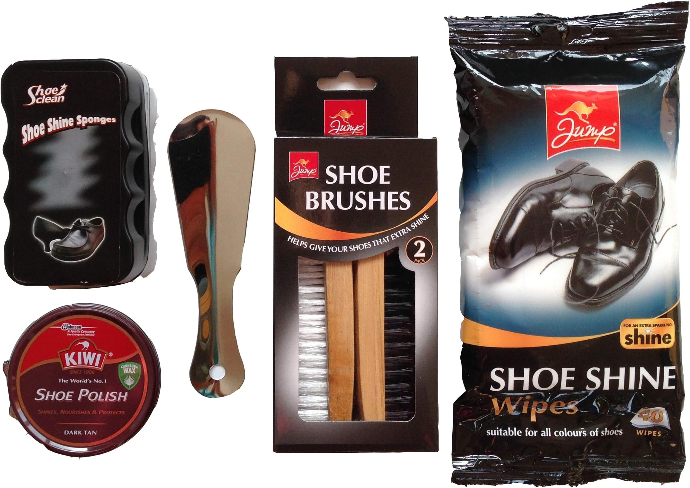 Whole Complete Shoe Boot Care KIT Set CONTAINING - Kiwi Polish, Brushes, Sponge, Liquid Shoe Polish, Shoe Shine Wipes (Dark Tan)