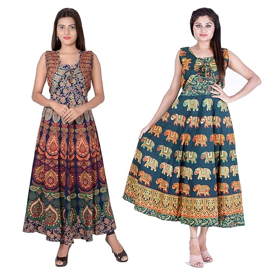 Combo Women`s Long Cotton Jaipuri Maxi Dress Set of 2 Maxi Western Dress (Free Size, Size-S-XXL)