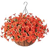 Artificial Fall Flowers Fake Hanging Plants Flowers Basket for Outdoors Autumn Decoration, Orange Silk Morning Glory with Eucalyptus Look Real UV Resistant Faux Flowers for Outside Porch Patio Balcony