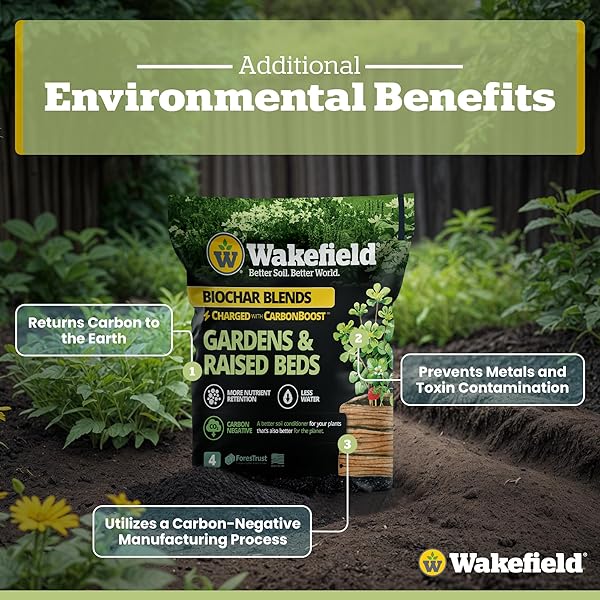 WAKEFIELD BIOCHAR BLEND WITH CARBONBOOST™ TECHNOLOGY – ENHANCED WATER & NUTRIENT RETENTION FOR RAISED BED GARDEN SOIL – ULTIMATE ORGANIC POTTING SOIL MIX FOR VEGETABLES, GARDENS AND HOUSEPLANTS – 4QT