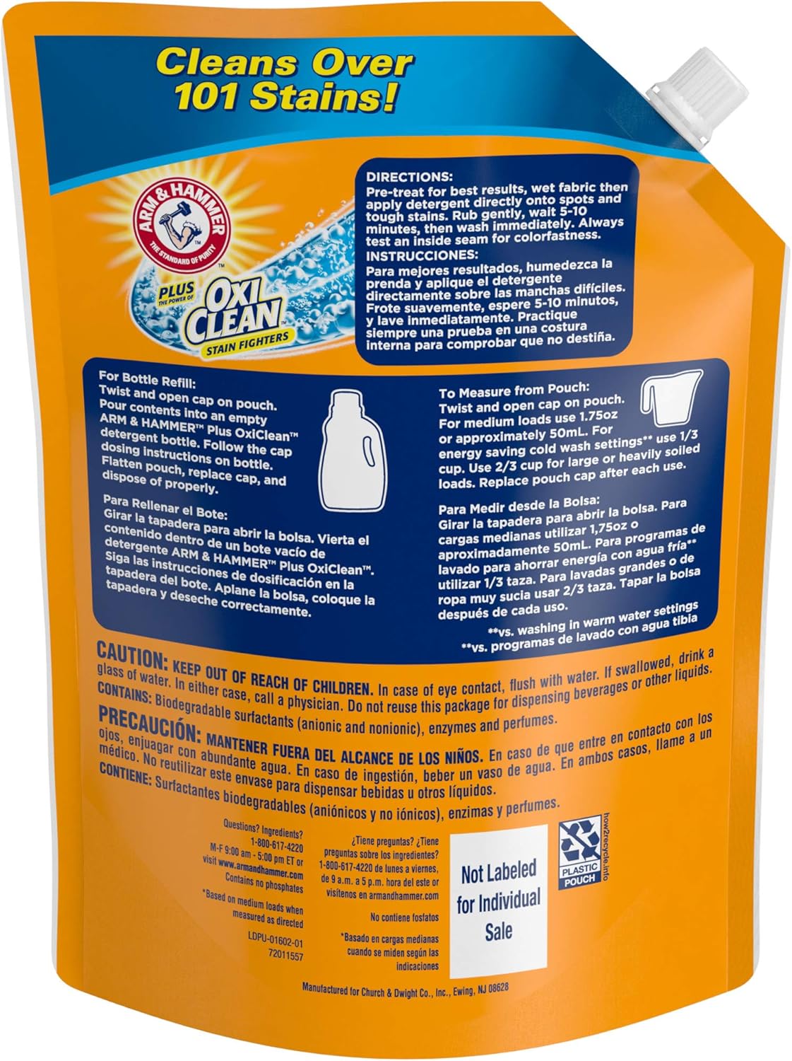 Arm & Hammer Plus Oxiclean Laundry Detergent, 3 Piece Easy-Pour Pouch , 84 loads(150 oz. total): Health & Personal Care