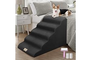 Mestuel Dog Stairs for High Bed, 23in Large Foam Pet Stairs to High Bed, 5 Steps Pet Dog Ramp Indoor with Non-Slip Bottom, Dog Stairs for Large Samll Medium Dogs, Lint Roller Set, Black