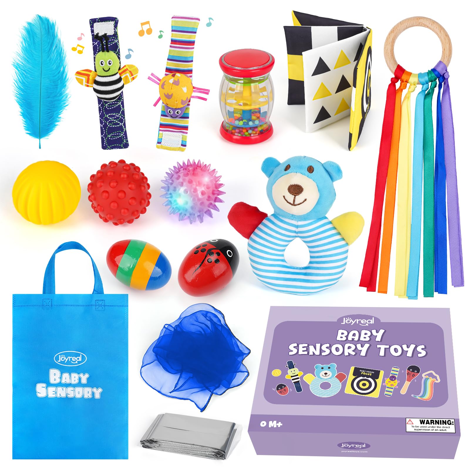 Joyreal 15 Pcs Sensory Toys for Babies, Newborn Baby Toys 0-6 Month, Rattles, Foil Blanket, Rainmaker, Scarves, Ribbons, Maracas, Baby Sensory Box for Autism ADHD, Baby Gifts for 6-12 Months