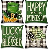 Vellibring St Patricks Day Pillow Covers 18 x 18 Inch Throw Pillow Covers for Black White Buffalo Plaid Lucky Charms Shamrock Outdoor Pillowcase Green March Hat for Home Bedroom Sofa Decor