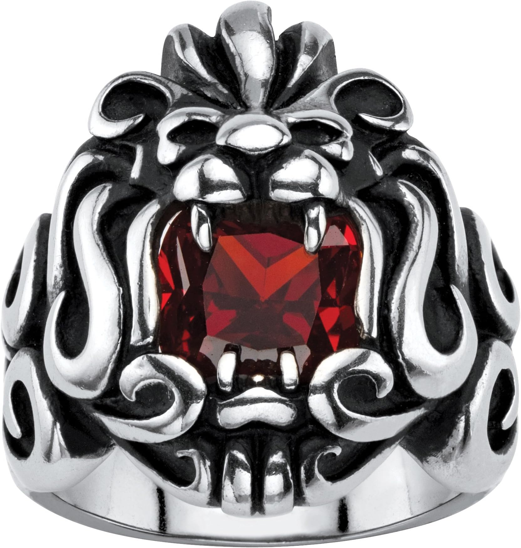 Men's Stainless Steel Antiqued Square Cut Red Cubic Zirconia Lion's Head Ring