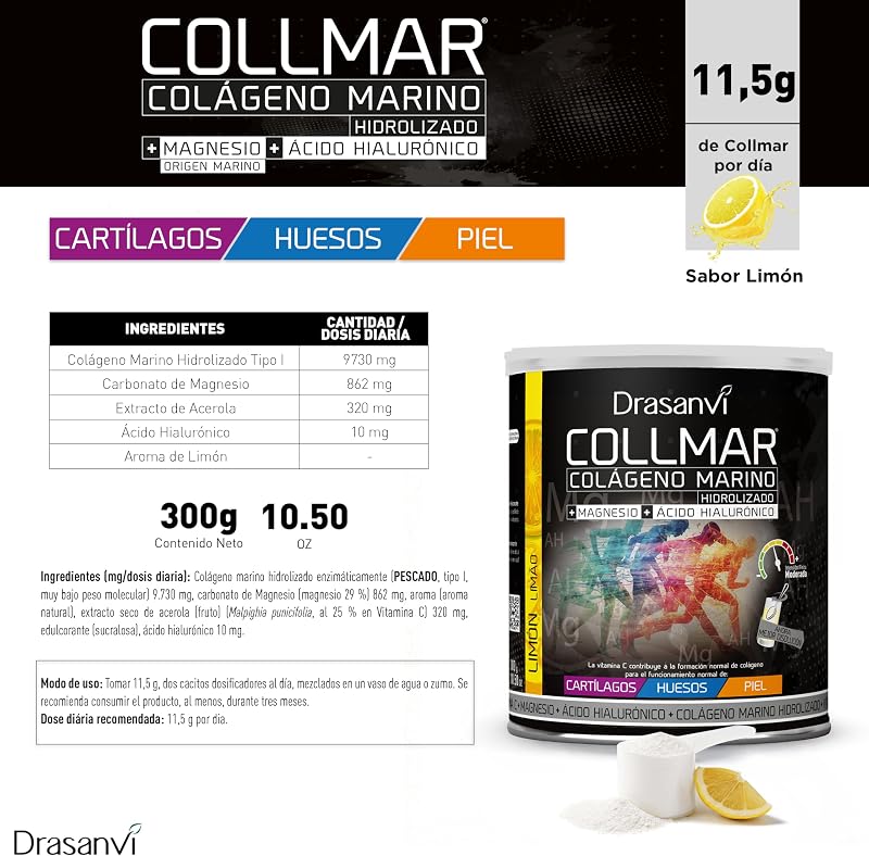 COLLMAR Colágeno Marino Hidrolizado con Ácido Hialurónico, Magnesio, Vitamina C | para Cartílagos, Huesos y Piel |Alta Dosis 9.717 mg/dia |300g de Polvo=28 Días | Sabor Limón