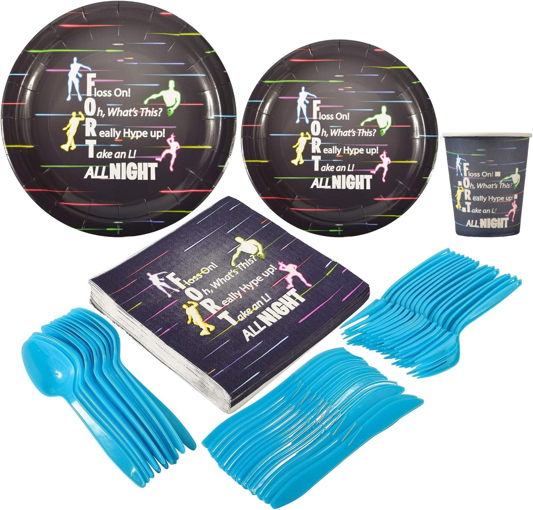 Video Game Party Supplies Set with Floss Dance Party Game - Includes Plates, Cups, Napkins, and Utensils - Serves 16