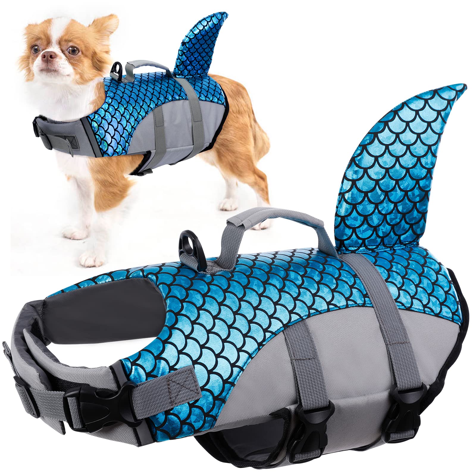 Dog Life Jacket, Lifesaver Floating Vest Shark Shape Dog Summer Swimming Safety Vest with Adjustable Strap and Rescue Handle for Swimming Pool Beach Boating(Blue, M)