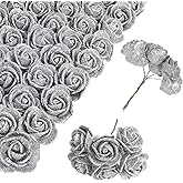 Artificial Roses,72pcs Silver Roses 1.37in Mini Roses for Crafts Glitter Roses Bouquet for DIY Wedding Home Party Christmas Decoration(Silver)