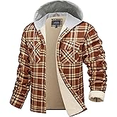 Cotrasen Flannel Jacket for Men with Hood Sherpa Lined Fleece Plaid Shirt Jacket Cotton Soft Warm Winter Coat with 5 Pokects