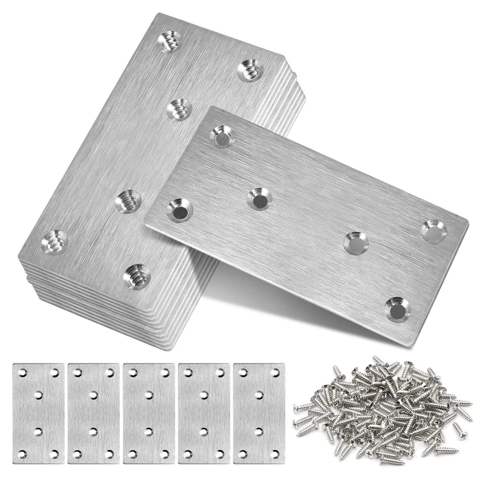 10Pcs Metal Plate, Flat Brackets for Wood, 80×40×1.75mm Mending Plates, Stainless Steel Joining Plates for Wood, Sleeper Bracket Heavy Duty with Screws for Fixing Timber Fence, Sleepers Furniture