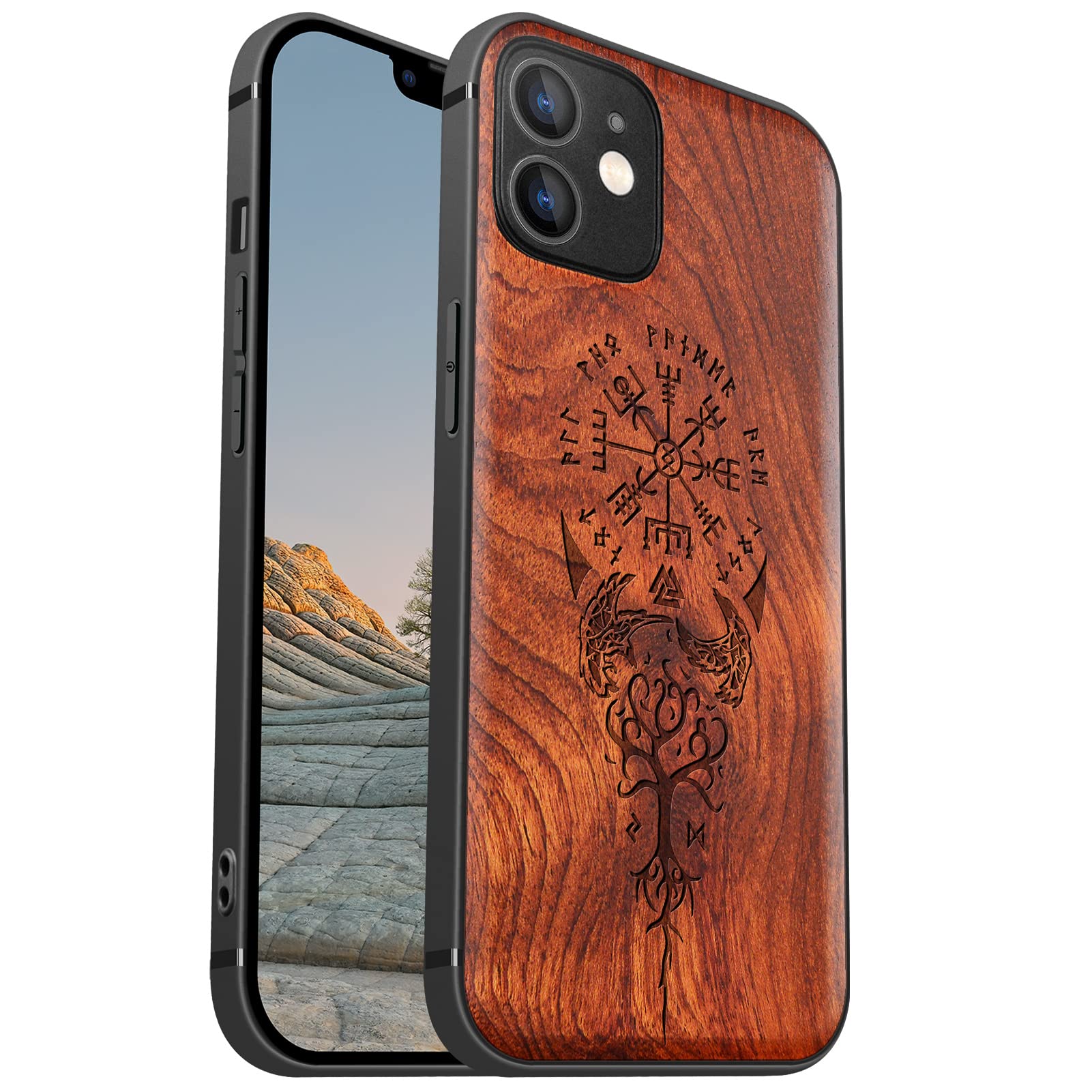 Carveit Magnetic Wood Case for iPhone 12 - Hard Real Wood & Soft TPU Hybrid Protective Cover - Unique & Classy Wooden Case Compatible with MagSafe (Viking Compass Vegvisir-Rosewood)