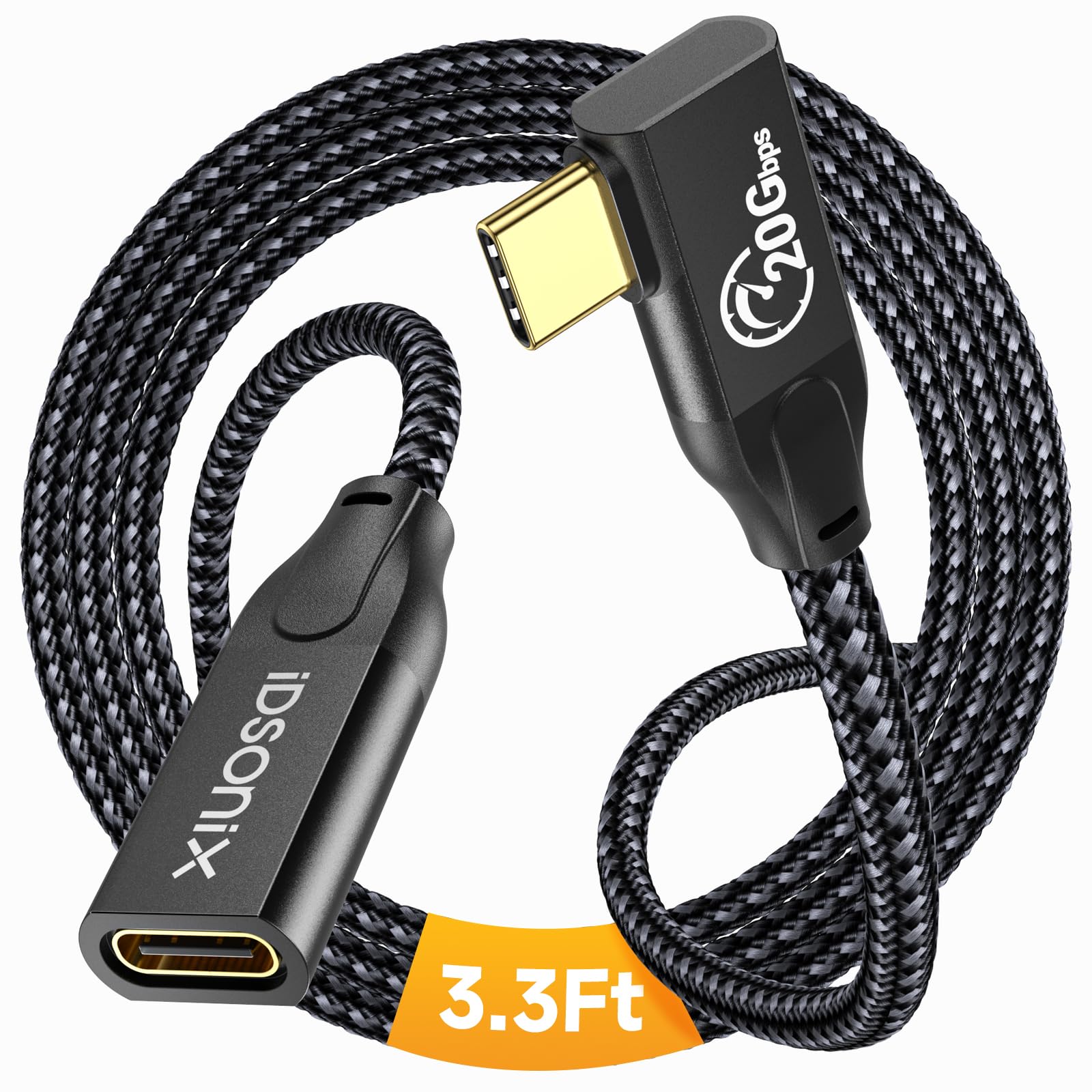 iDsonix USB C Extension Cable Nylon Braided(3.3Ft), Right Angled USB C Extender Support 20Gbps Data transfer, 4k@60Hz/100W Fast Charging, Type C Cable Compatible with USB C Hub/Dell XPS/MacBook