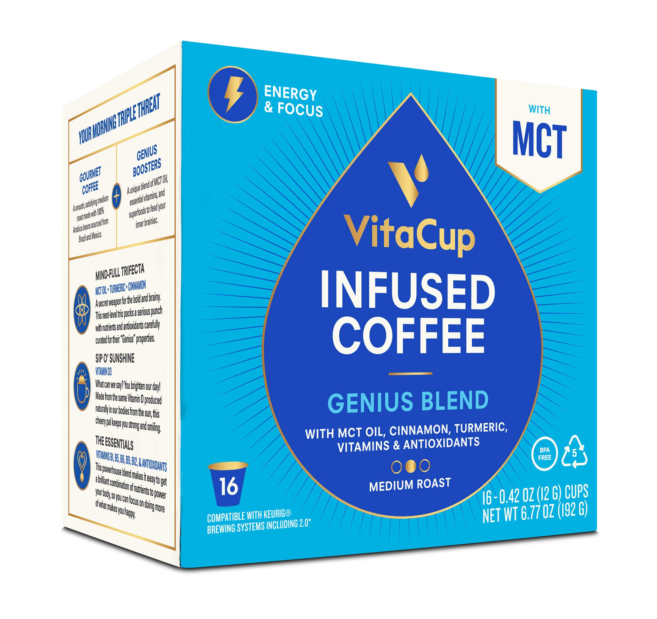 VitaCup Genius Coffee Pods 16ct with MCT, Turmeric, Vitamins, Cinnamon