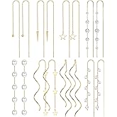 HAIAISO 8 Pairs Threader Dangle Earrings for Women 316L Stainless Steel Chain Tassel Earring Lightweight Double Twist Wave Threader Drop Earring Long Chain Earrings Set