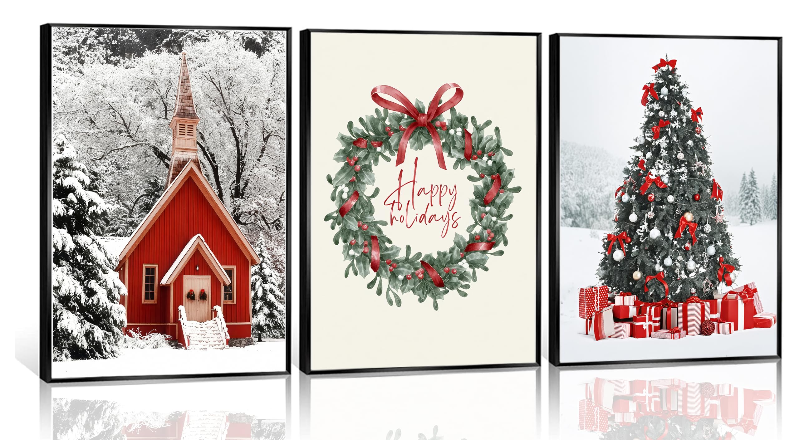 Photo 1 of 3Pcs Christmas Wall Art Red House Christmas Tree Gift Pictures Fashion Modern Christmas Canvas Paintings Prints Wall Decor Winter Snow Scene Holiday Aesthetic Posters Suitable for Living Room Bedroom Office Decoration Unframed