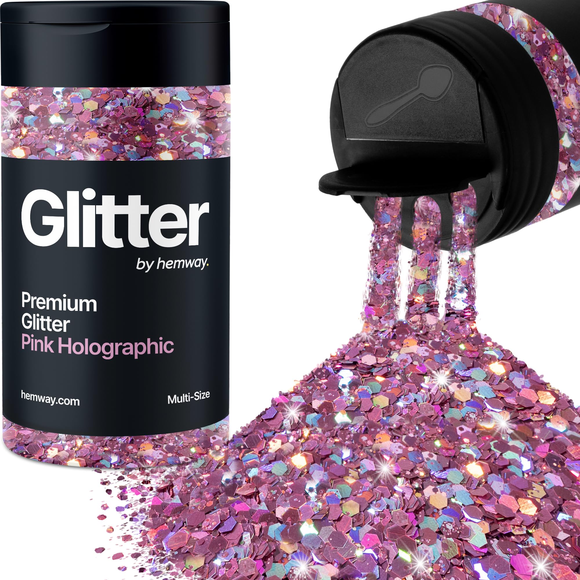 Hemway Pink Holographic Glitter Shaker, 120g Multi Size Glitter for Crafts Metallic Flake Sequins for Resin & Epoxy Crafts for Decorating, Halloween, Christmas, Nail, Face, Bunting, Art, Pots