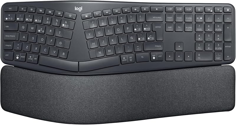 Teclado ergonômico e sem fio logitech ergo k860 - teclado dividido, apoio para as mãos, digitação natural, conectividade bluetooth e usb, compatível com windows/mac, layout qwerty espanhol - grafite