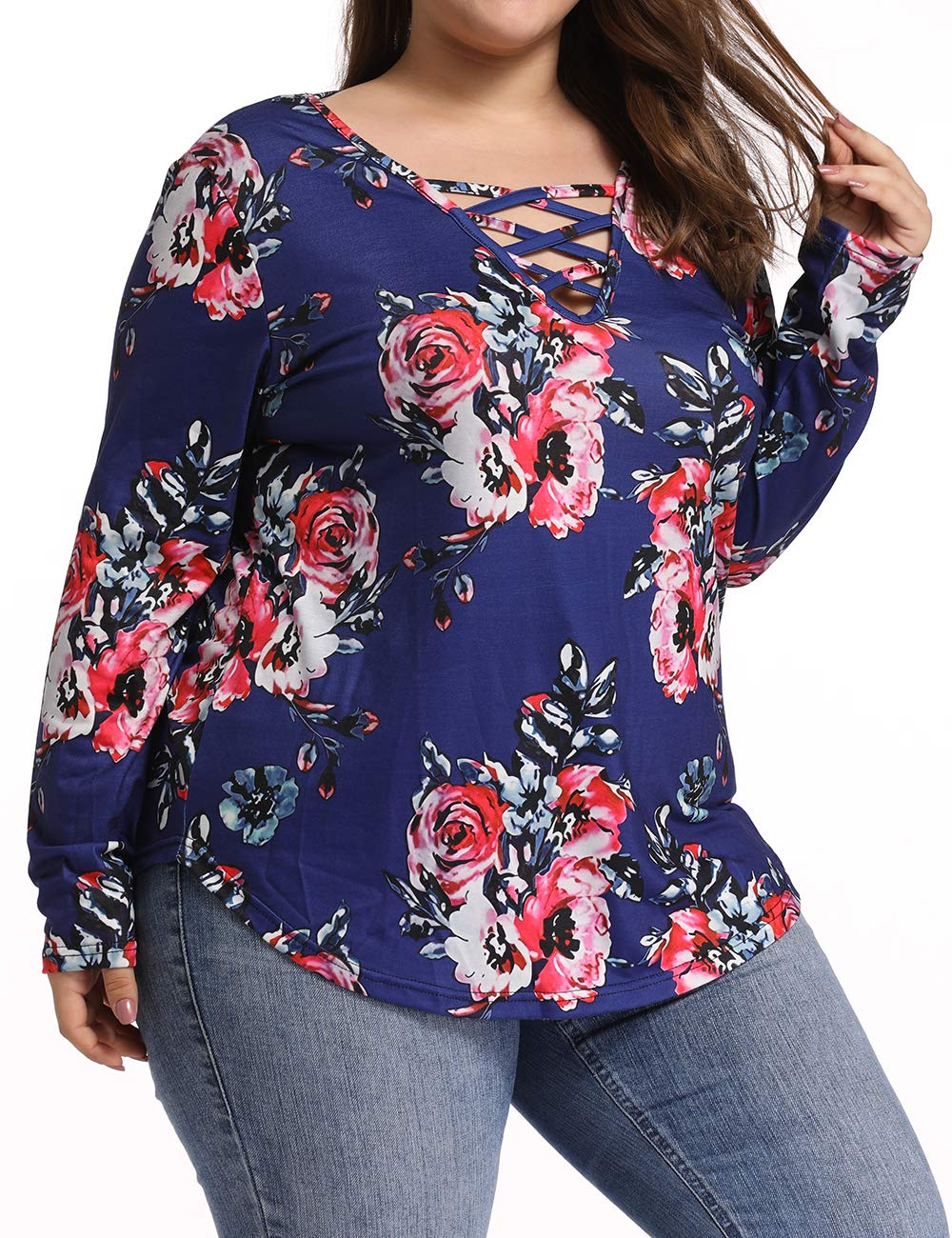 caidyny Floral Print Shirt Long Sleeve Casual V Neck Tops Blouse Fall Shirts for Women Blue