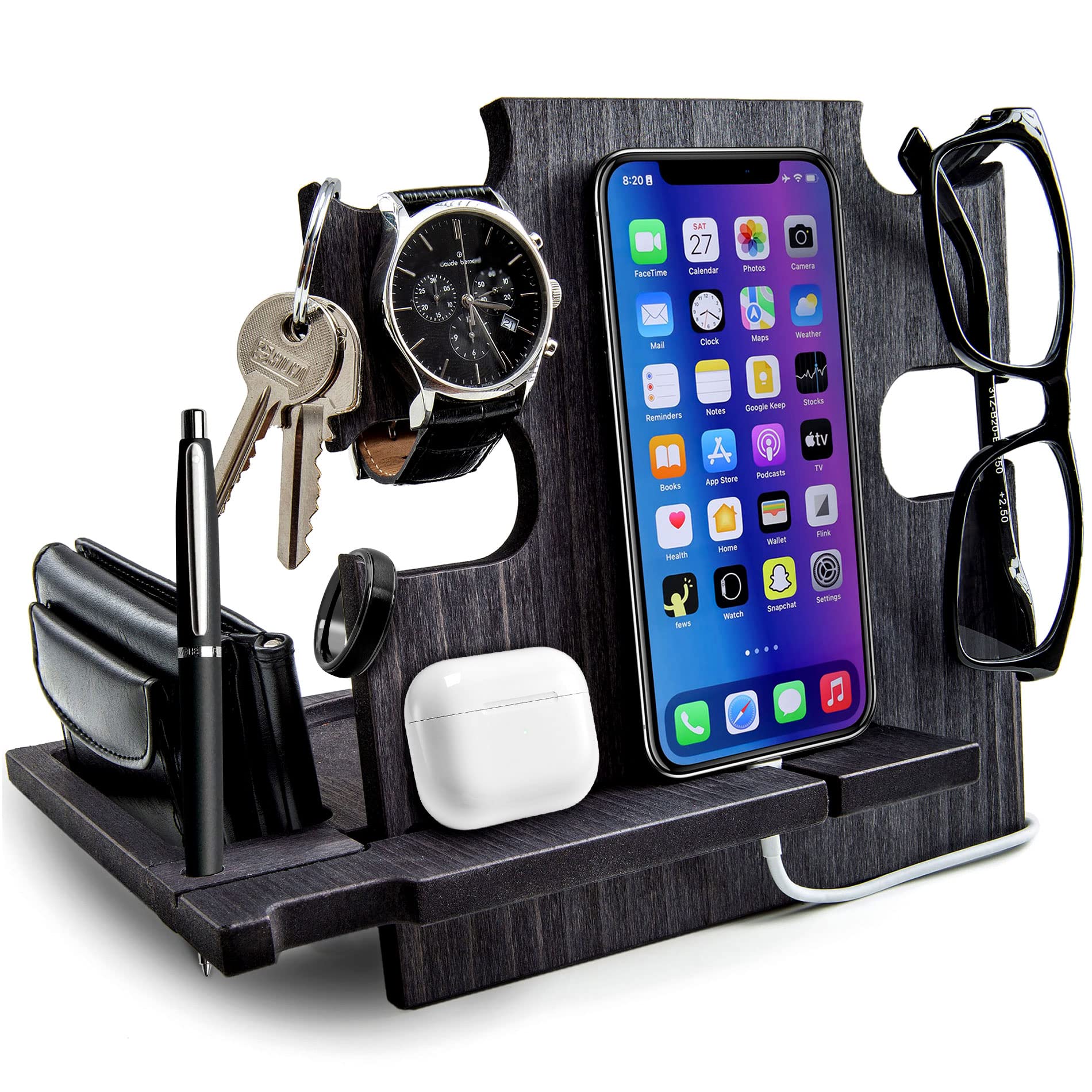 Greta Oto Wooden Desk Organizer, Smartphone Stand - Docking Station, Gift Idea for Men, Nighstand Holder, Ebony color